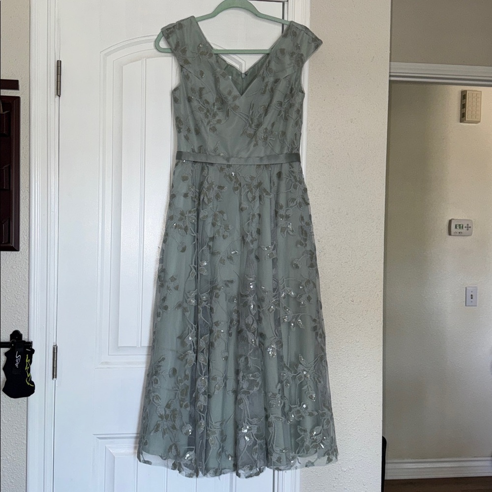 Oleg Cassini Sage Green Embroidered V-Neck Maxi Gown